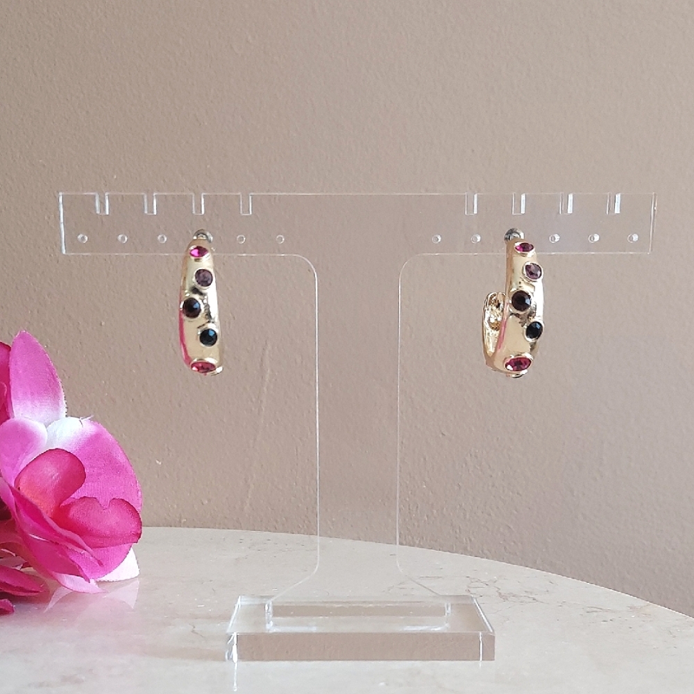 Vintage 1990s Goldtone Hoop Earrings with Multicolored Jewel Toned Rhinestones